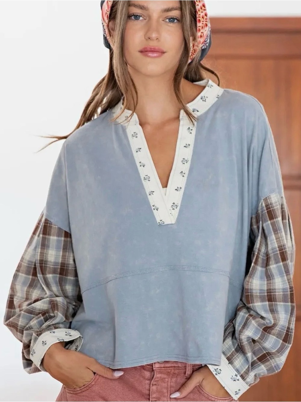 Mineral Wash Floral Trim Plaid Top S Deep V-Neck Boho Countrycore Oversized Chic